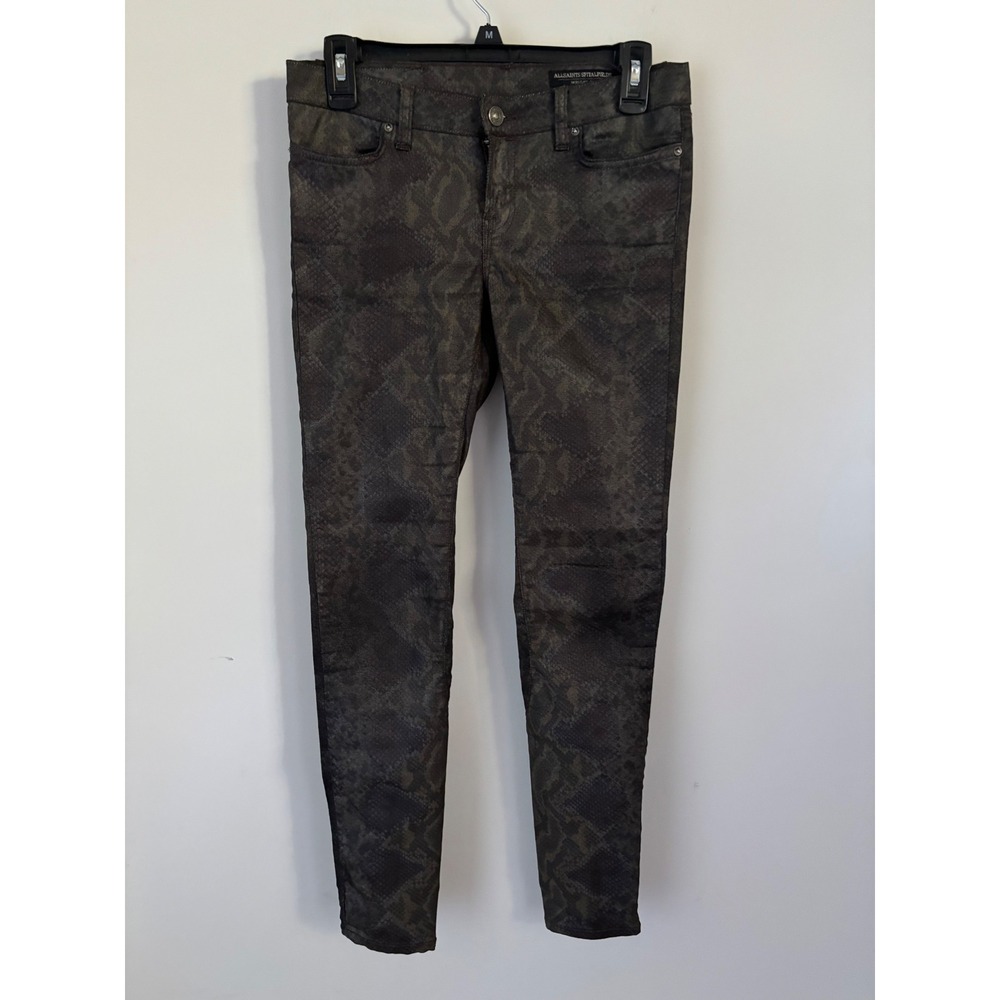 AllSaints Taipan Brodie Skinny Jeans Snakeskin Print Ankle Zip Grey Olive W27